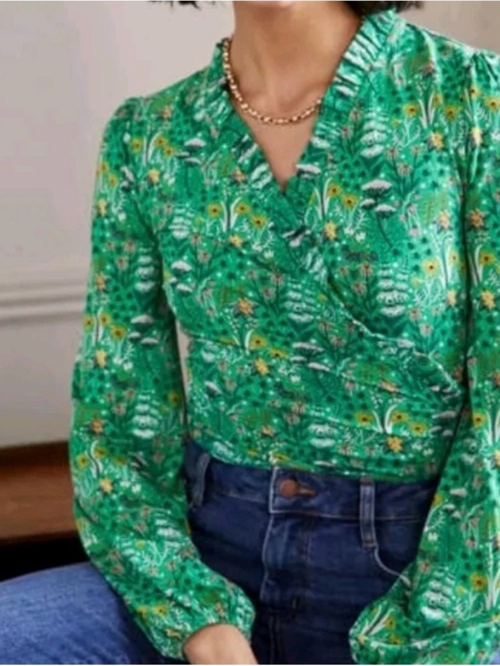 Boden Green Floral Wrap Blouse with Ruffle V-Neck, s10